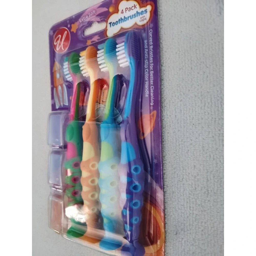 U Extra Soft Toothbrushes 4 Pack w/ Caps Anti-Slip Handle Ages 2-6